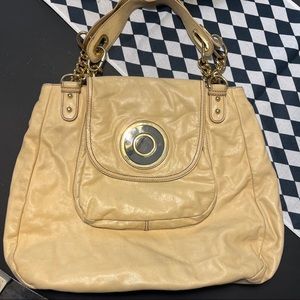Badgley Mischka Tan Vegan Leather Shoulder Bag Buttery Soft Gold Handles 13x16”